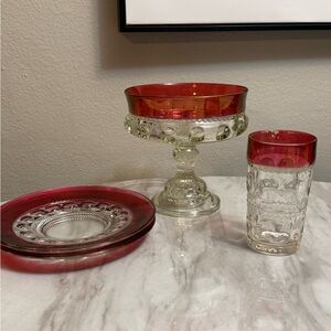 Tiffin King's Crown Thumbprint Ruby Glass Compote Bowl 2 plates 1 water glass